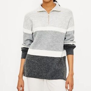 Ann Taylor LOFT Grey & White Striped Sweater Quarter Zip Size Small